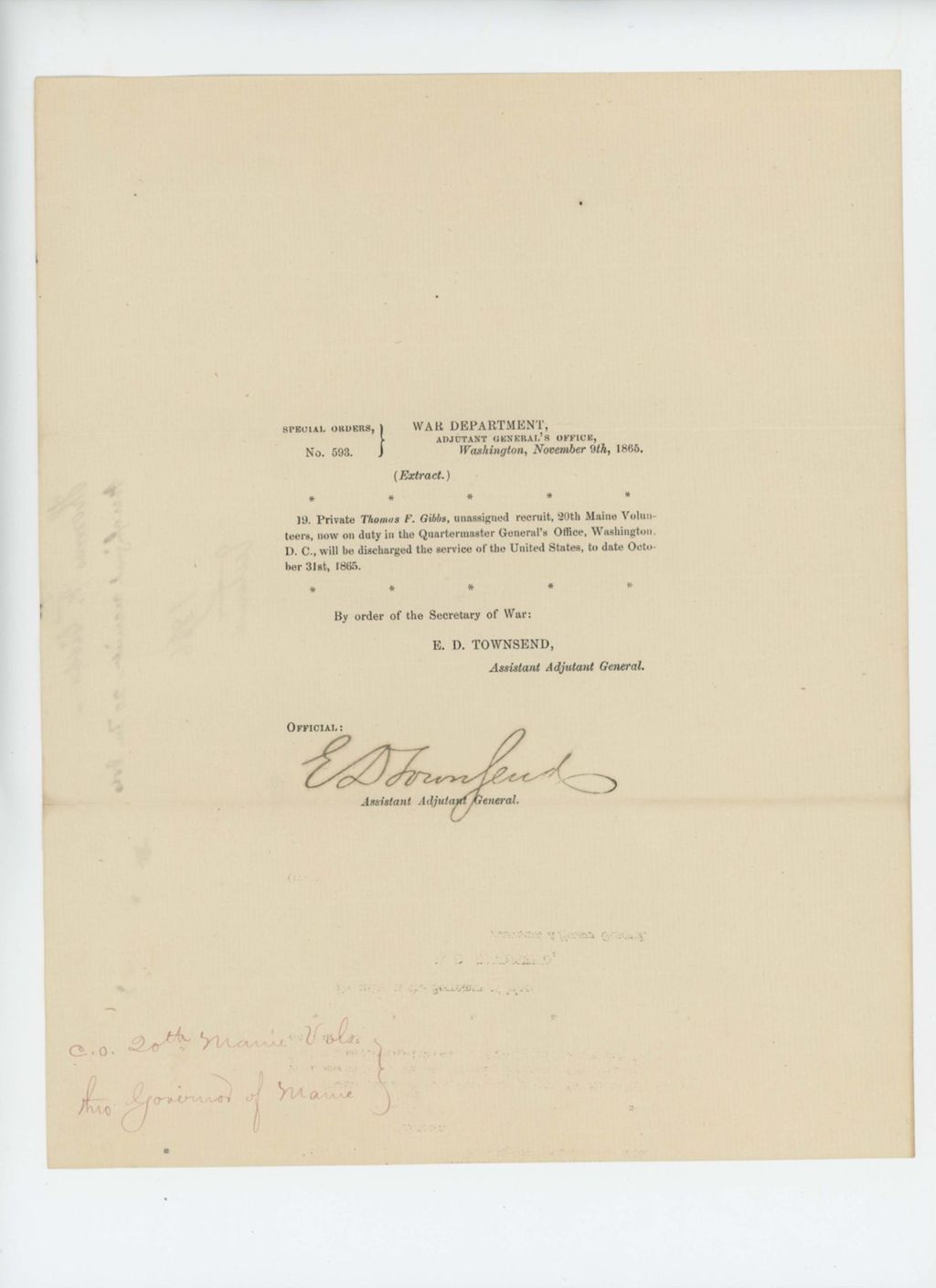 Miniature of Special Order 593 discharging Private Thomas F. Gibbs from service