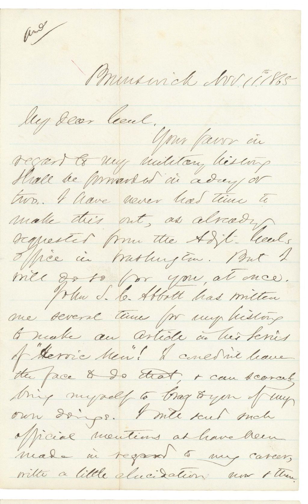 Miniature of Chamberlain writes to John L. Hodsdon regarding history of 20th Maine Regiment
