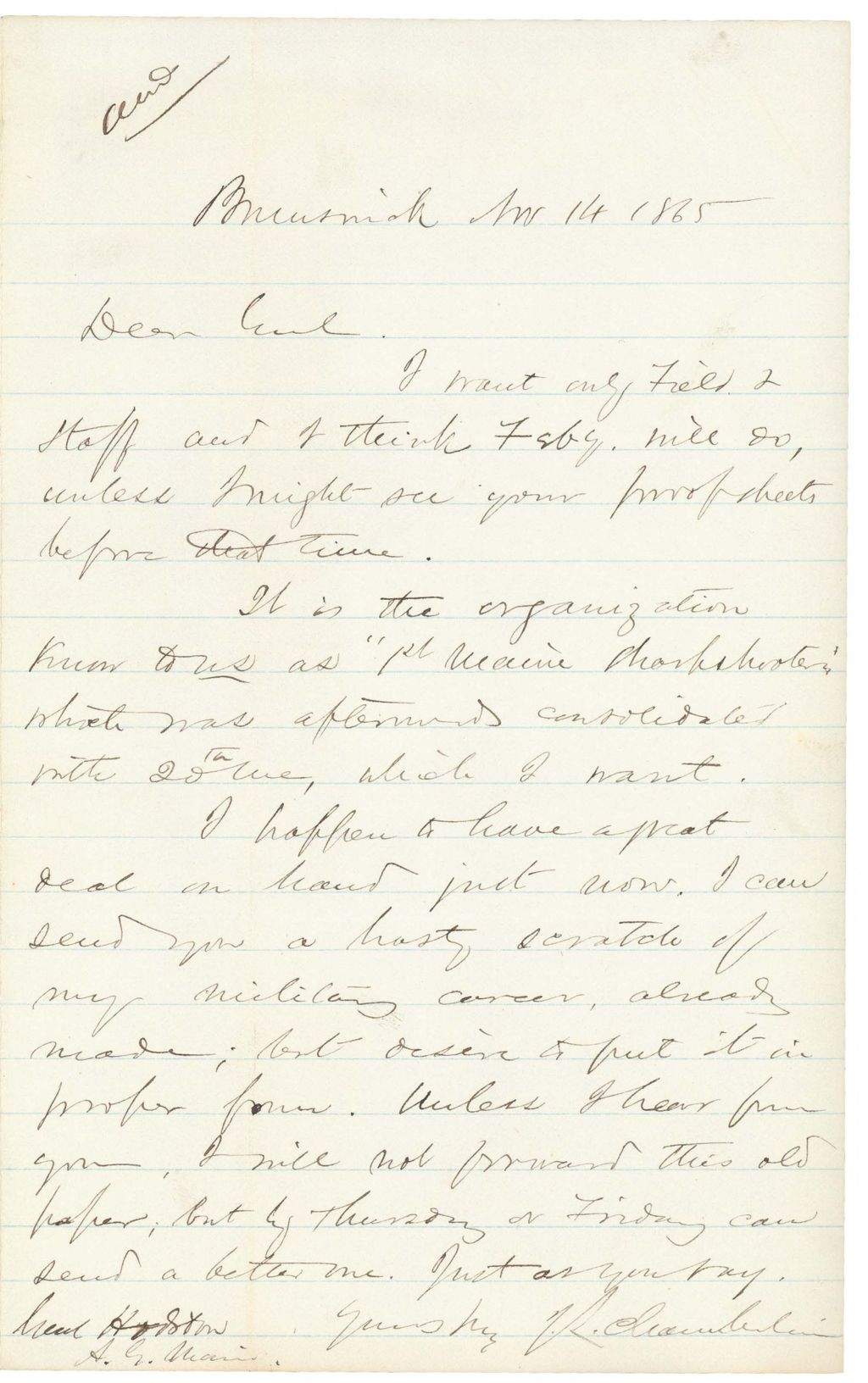 Miniature of Chamberlain writes to General Hodsdon regarding 1st Maine Sharpshooters