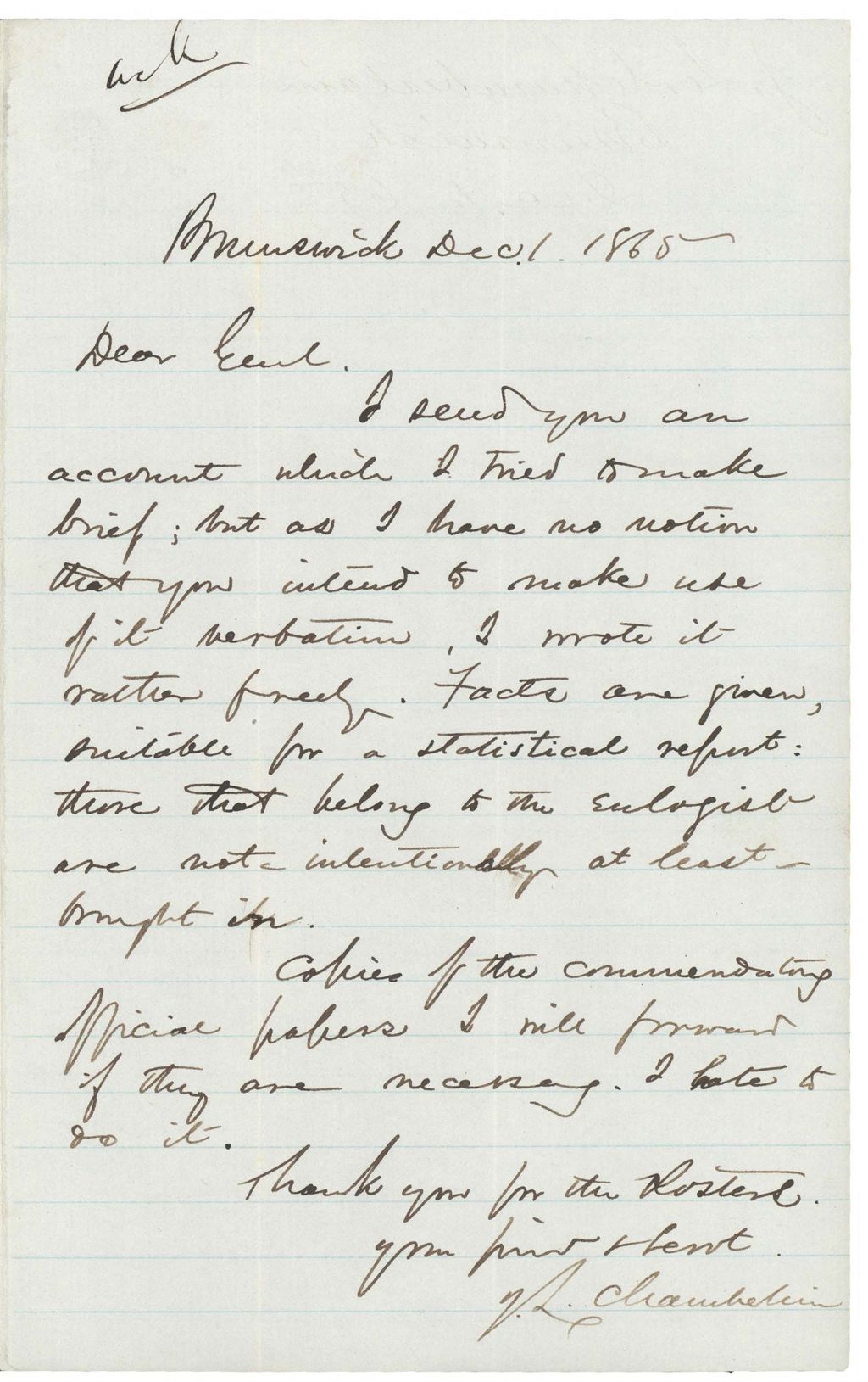 Miniature of Chamberlain letter regarding regimental history