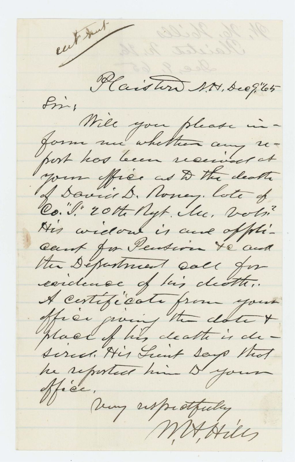Miniature of W.H. Hills requests evidence of the death of David Roney on behalf of his widow Caroline