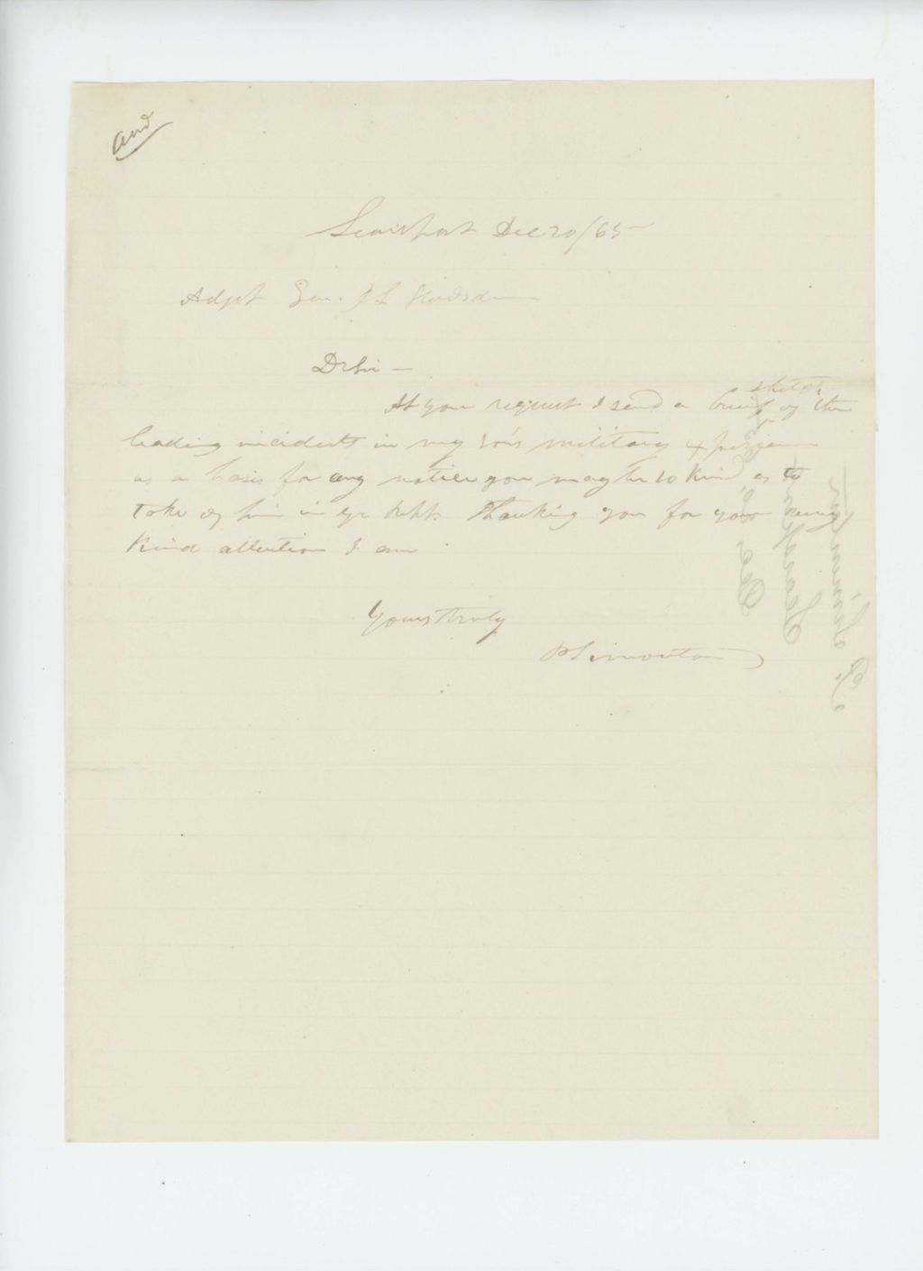 Miniature of P. Simonton sends information to Adjutant General Hodsdon about his son Edward