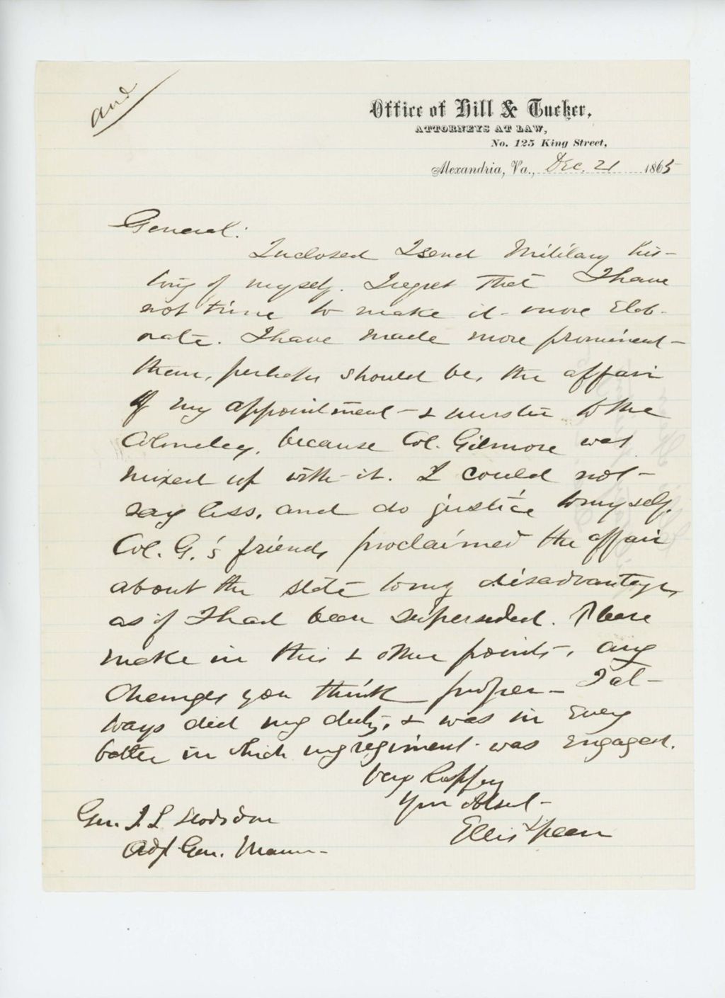 Miniature of Ellis Spear sends his military history to General Hodsdon