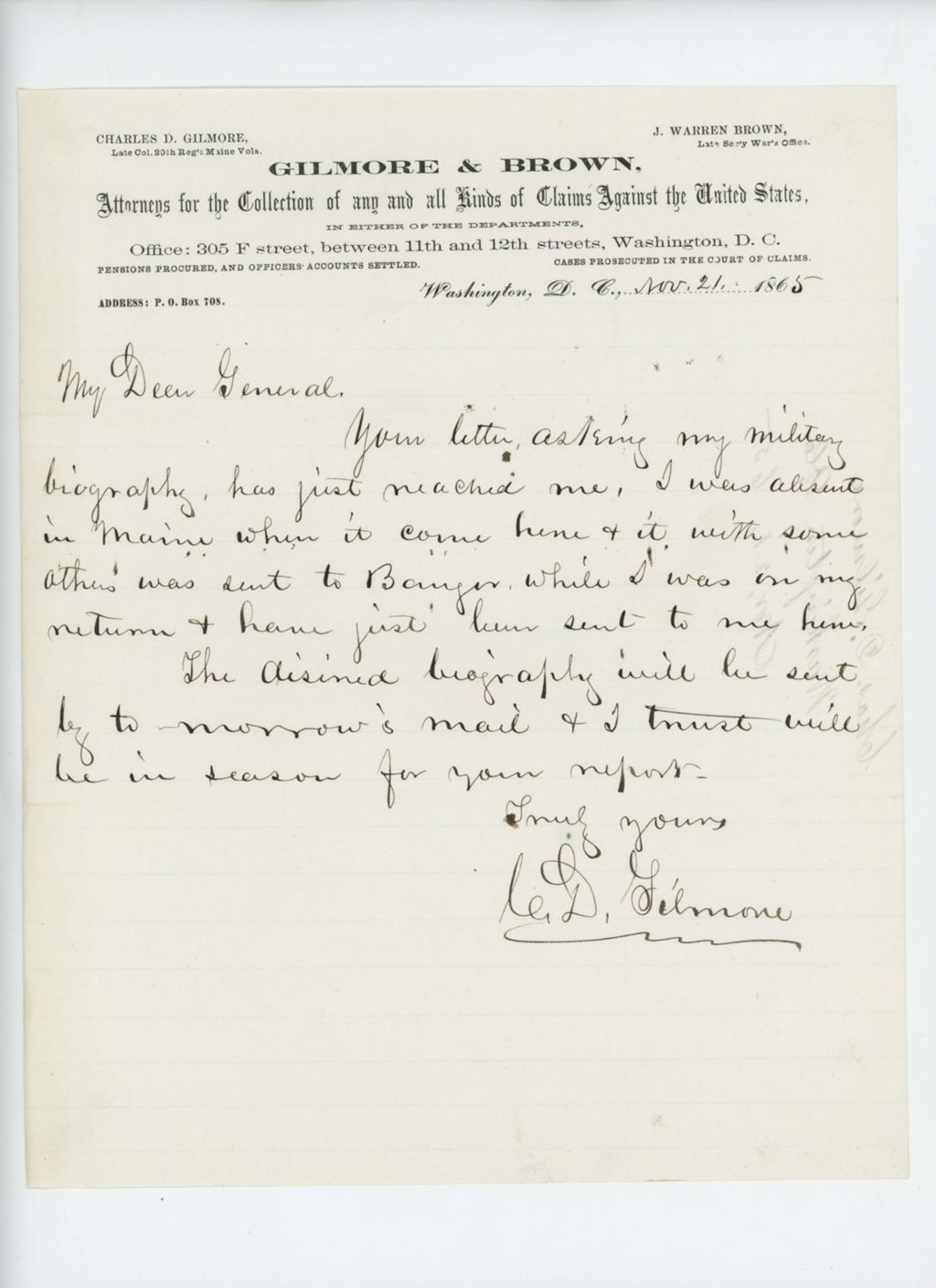 Miniature of Charles Gilmore responds to Adjutant General Hodsdon's request for his military biography