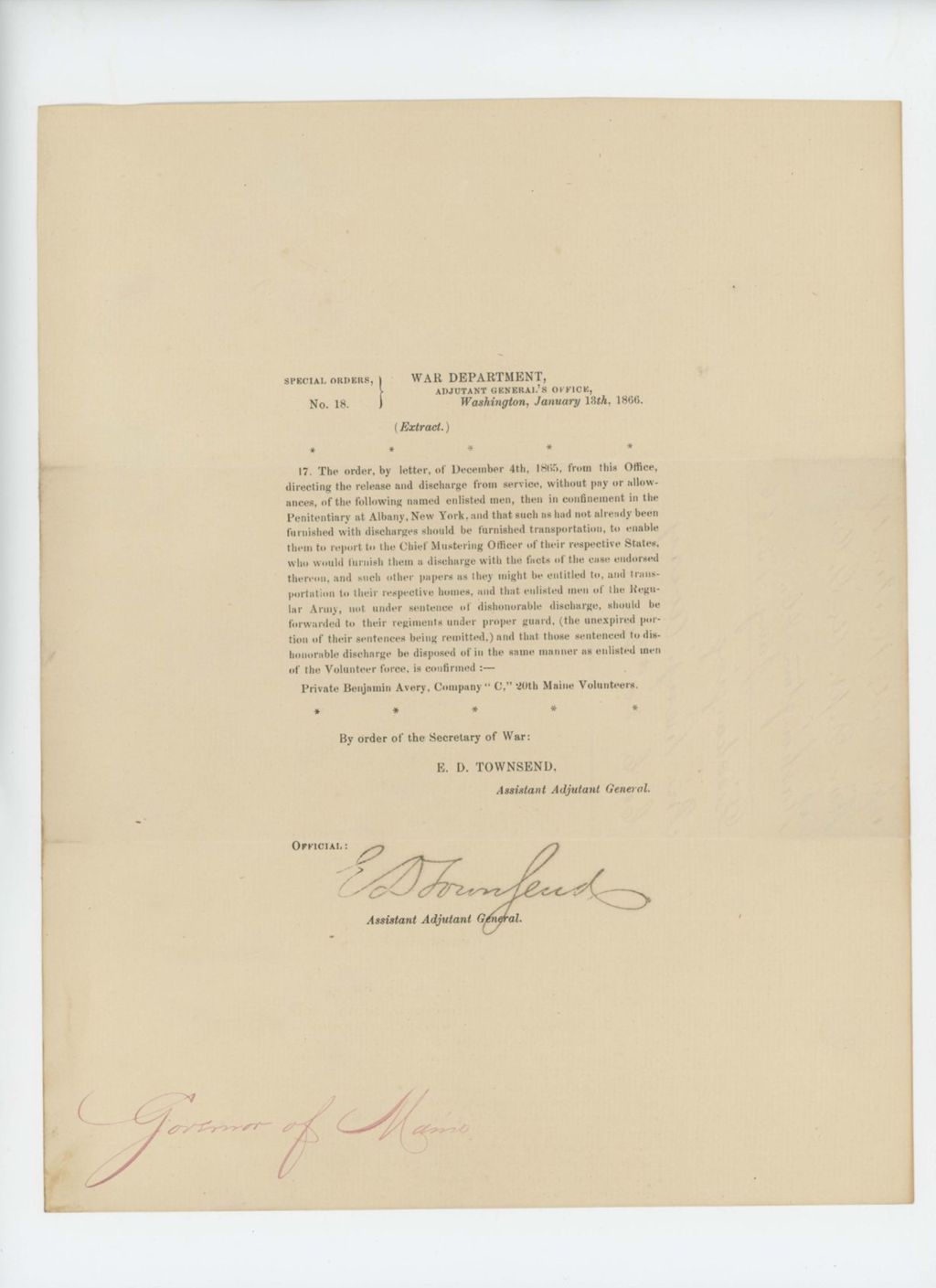 Miniature of Special Order 18 regarding discharge of prisoner Private Benjamin Avery, Company C