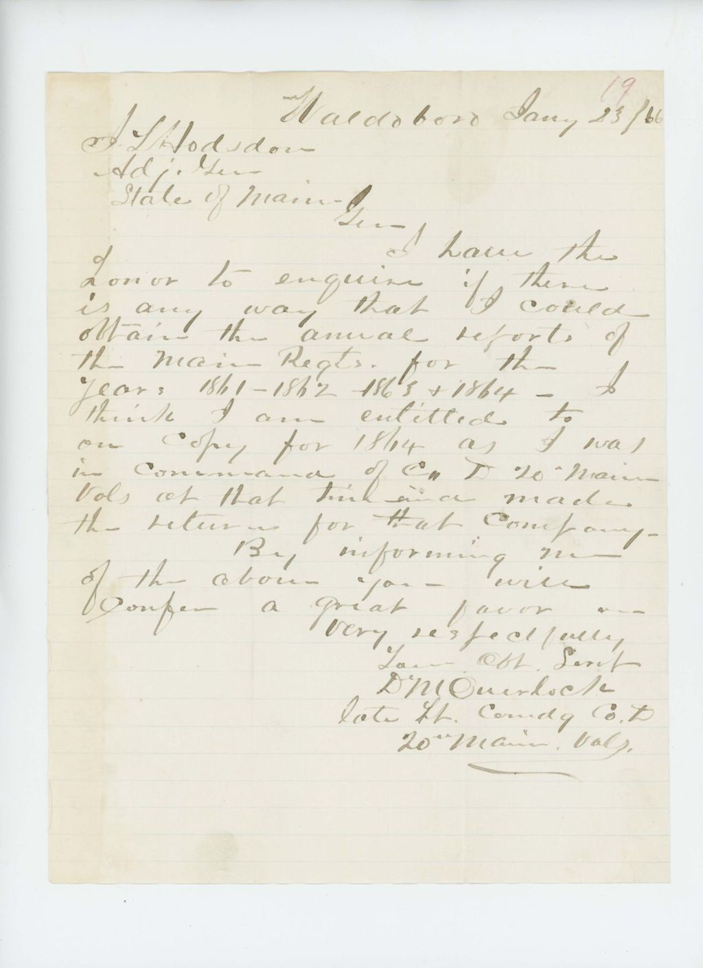 Miniature of Lieutenant David Overlock requests a copy of the annual reports 1861-1864
