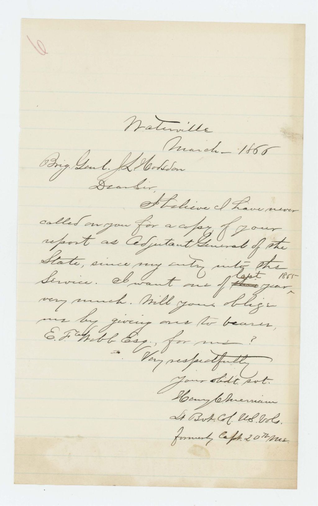 Miniature of Henry C. Merriam requests a copy of the 1865 annual report