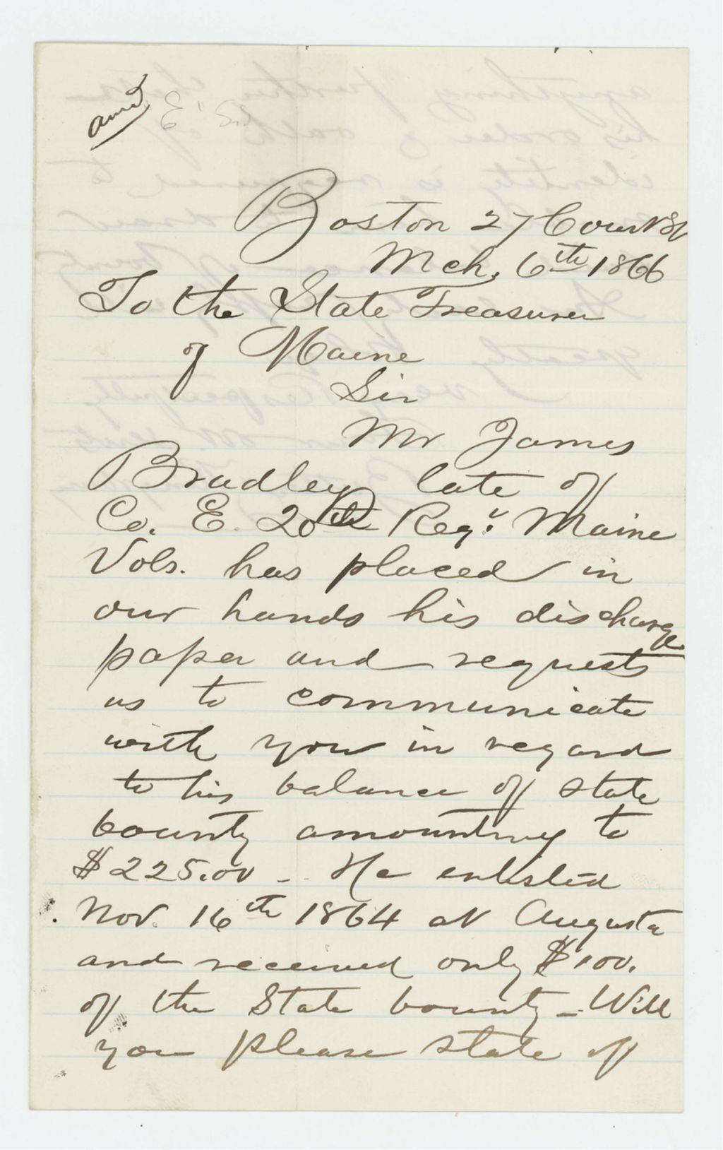 Miniature of Firm of Butler & Kingsbury requests bounty payment for James Bradley, Company E