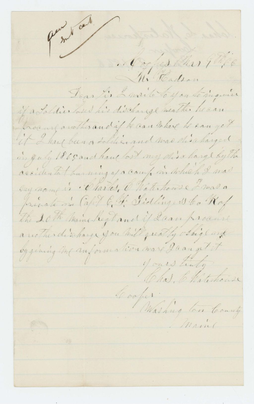 Miniature of Charles Waterhouse asks for copy of his discharge papers