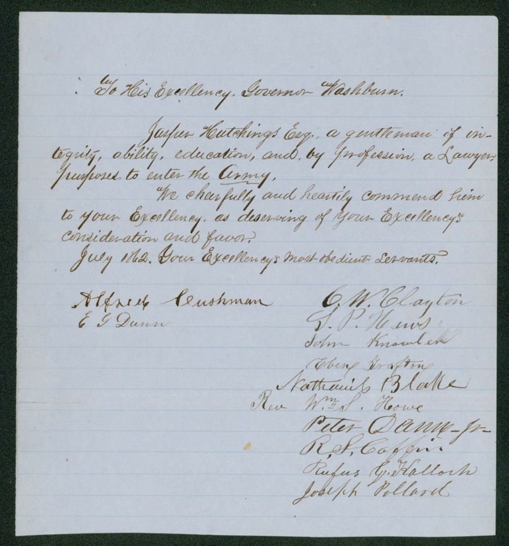 Miniature of Alfred Cushman and others recommend Jasper Hutchings for a position in the Army