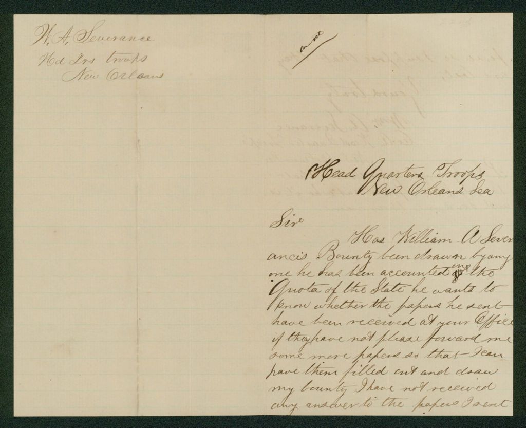 Miniature of Undated -  William A. Severance inquires if his bounty papers were received