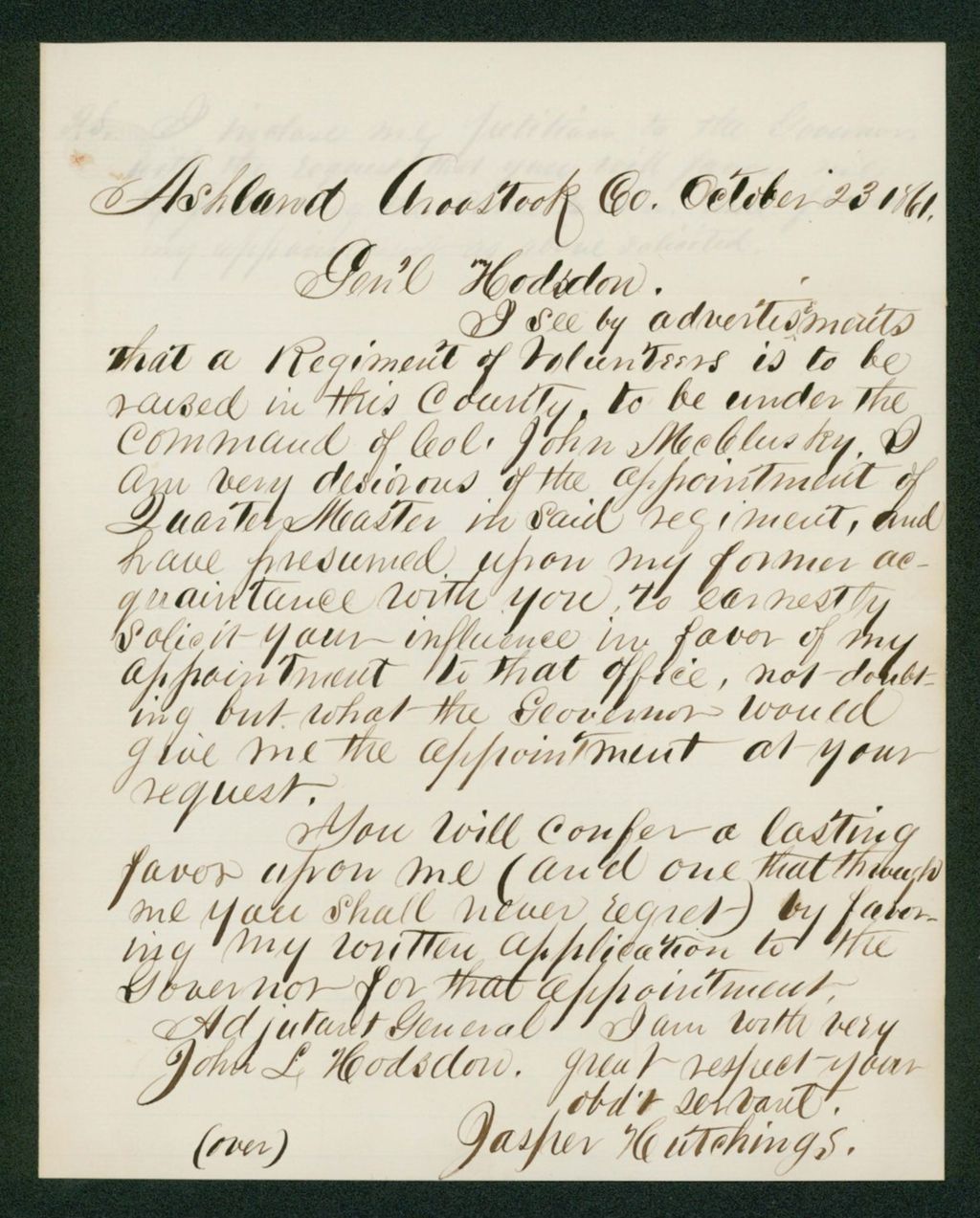 Miniature of Jasper Hutchings requests a position as Quartermaster in the new regiment