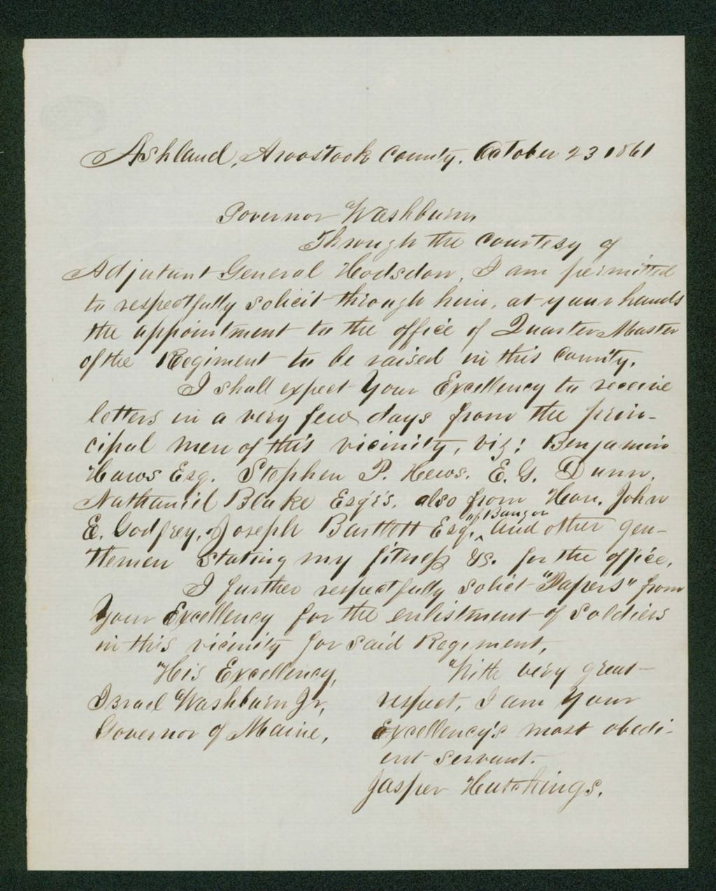 Miniature of Jasper Hutchings requests position as Quartermaster from Governor Washburn