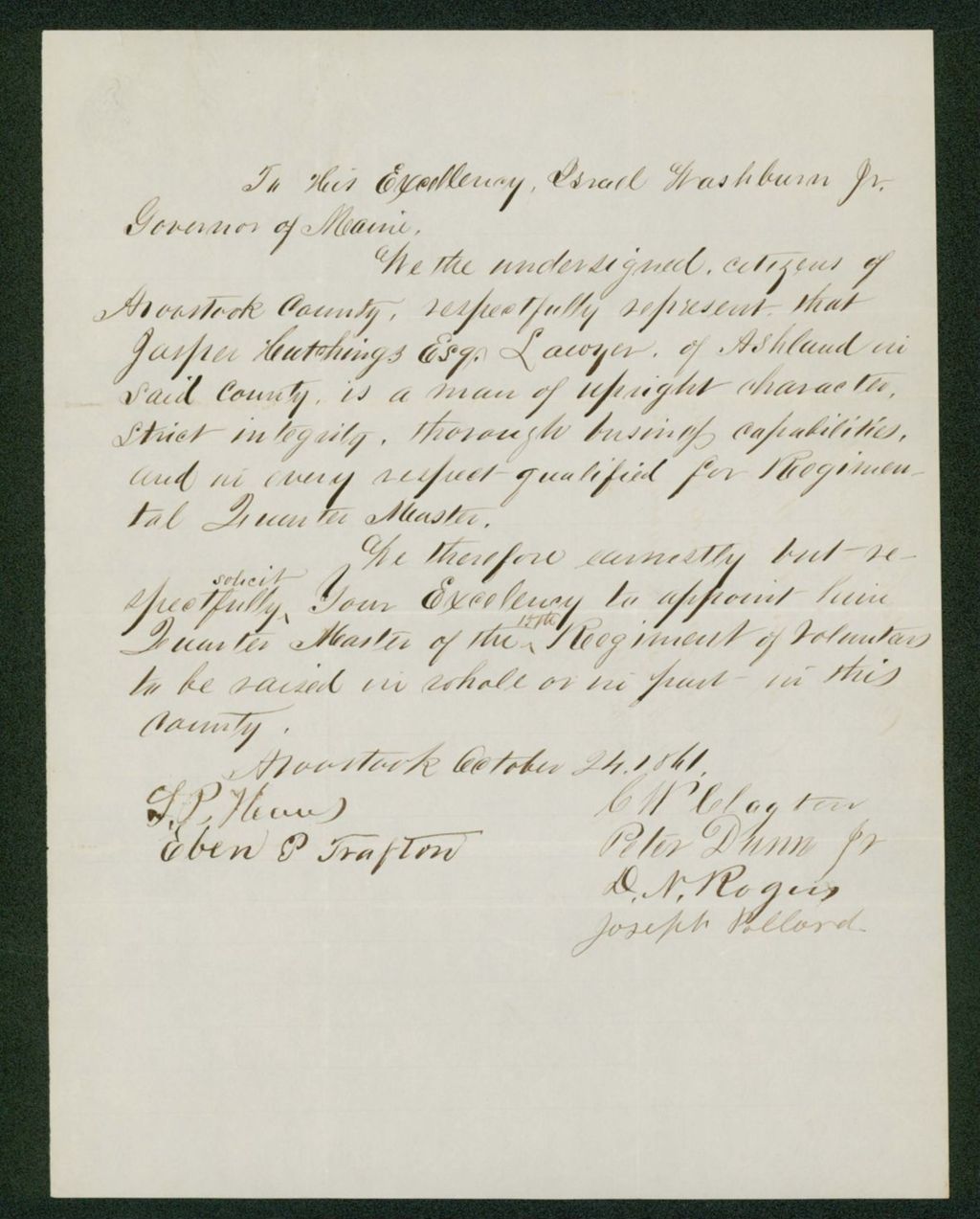 Miniature of C.W. Clayton and others recommend Jasper Hutchings for Quartermaster