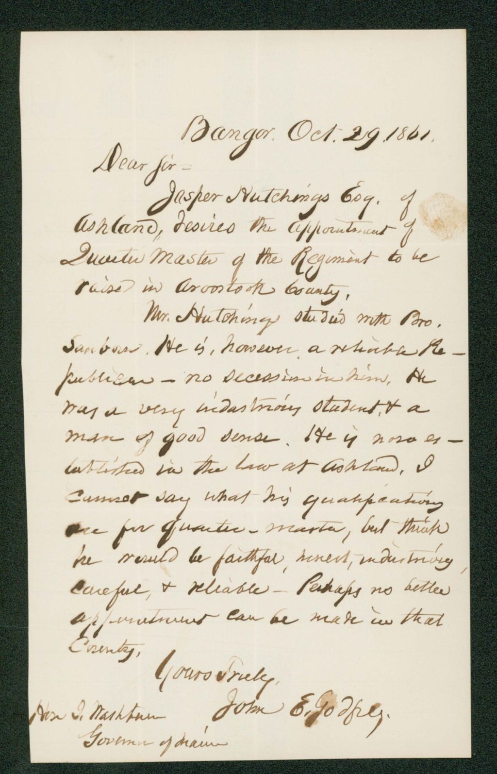 Miniature of John E. Godfrey recommends Jasper Hutchings, Esq. as a "reliable Republican"