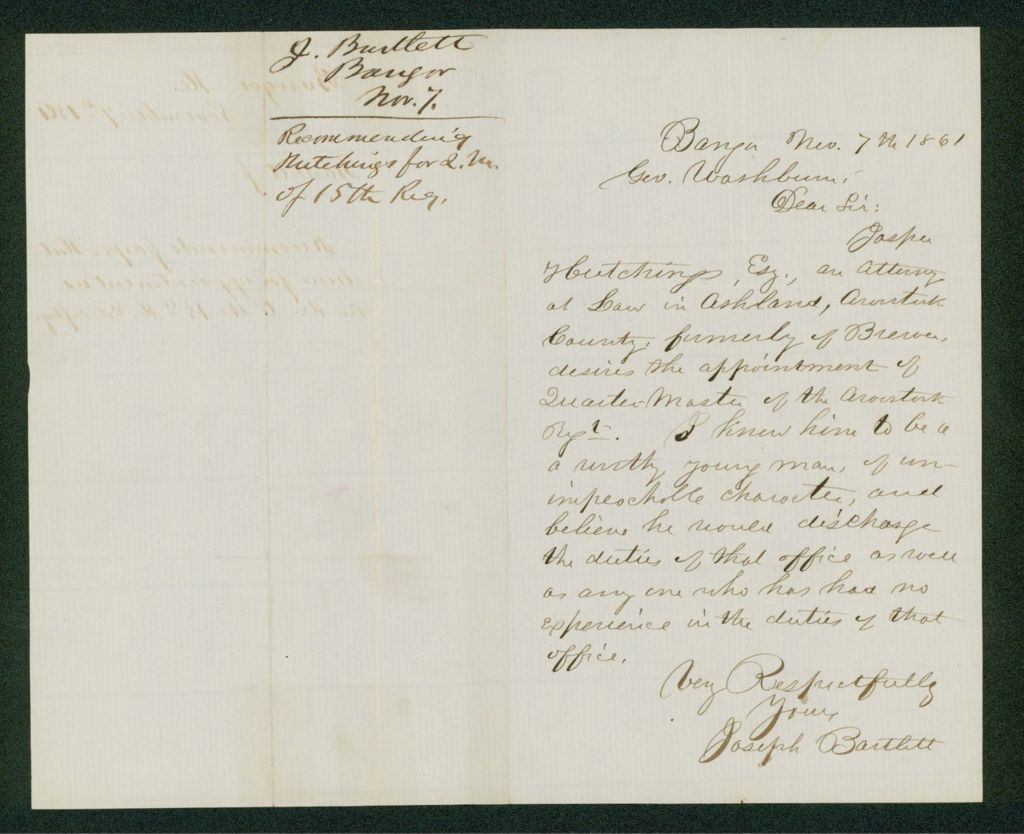Miniature of Joseph Bartlett recommends Jasper Hutchings to Governor Washburn