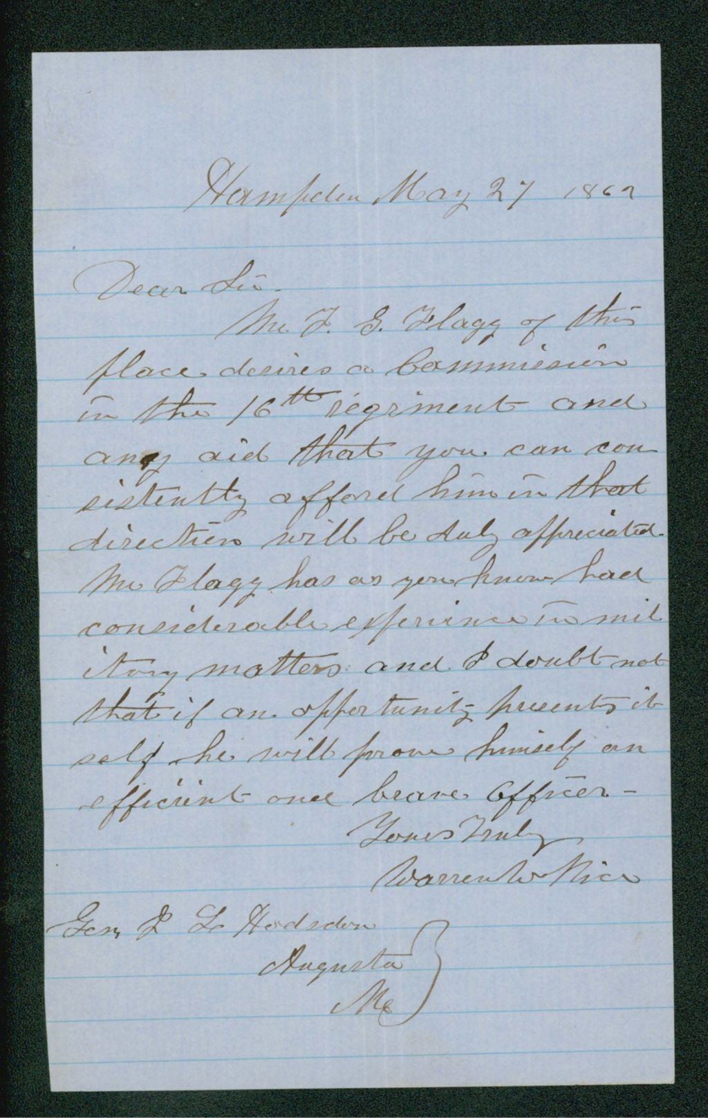 Miniature of Warren W. Rice recommends Frank G. Flagg for a commission in the 16th Regiment