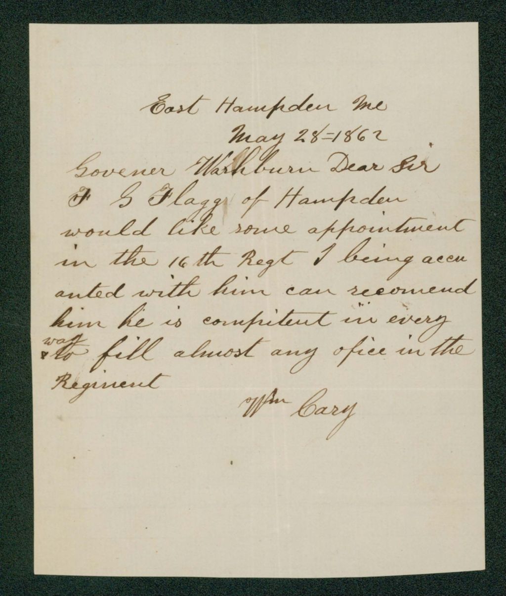 Miniature of William Cary recommends Frank G. Flagg for the 16th Regiment