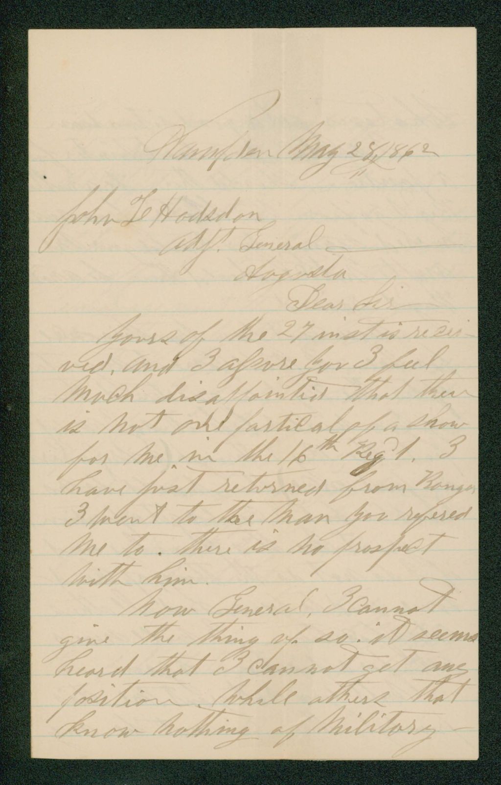 Miniature of Frank G. Flagg writes Adjutant General Hodsdon to express disappointment at lack of a position in the 16th Regiment