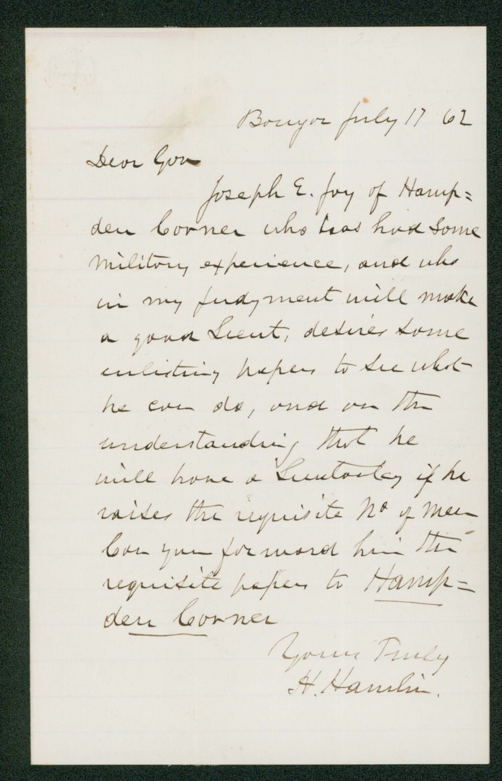 Miniature of Hannibal Hamlin requests enlistment papers for recruiting on behalf of Joseph E. Joy