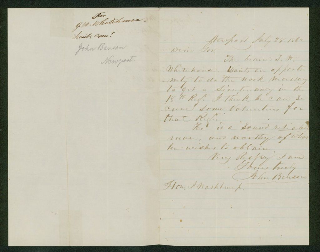 Miniature of John Benson recommends Turner W. Whitehouse for lieutenant's position in the 18th Regiment