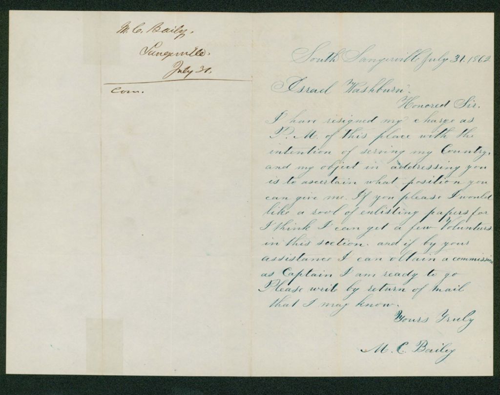Miniature of M.C. Bailey requests a commission and enlisting papers to recruit volunteers