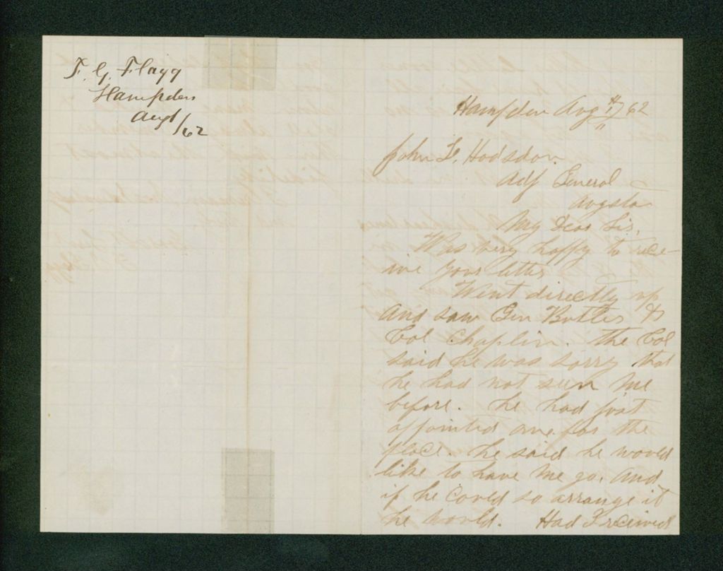 Miniature of Frank S. Flagg writes Adjutant Hodsdon about a position in the 18th Regiment