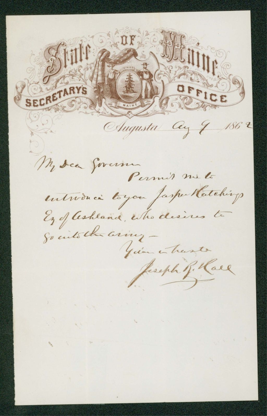 Miniature of Joseph B. Hall, Maine Secretary of State, recommends Jasper Hutchings to Governor Washburn