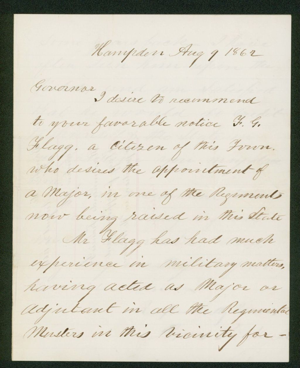 Miniature of Amos Pickard and Hannibal Hamlin recommend Frank G. Flagg for appointment