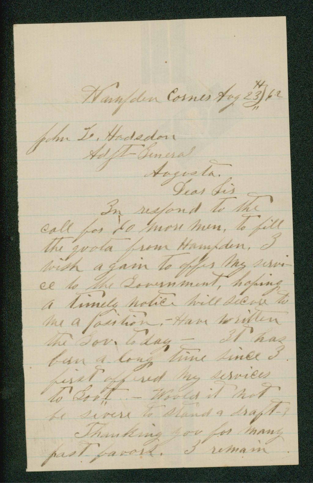 Miniature of Frank G. Flagg offers his services to fill the quota from Hampden