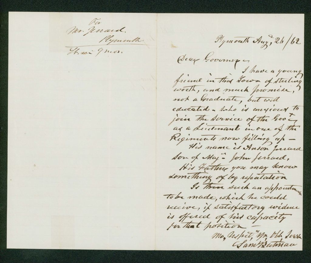 Miniature of Samuel Butman recommends Anson Jerrard for appointment as lieutenant