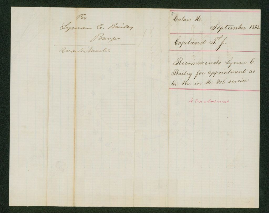 Miniature of Mr. Copeland recommends Lyman Bailey for appointment as Quartermaster