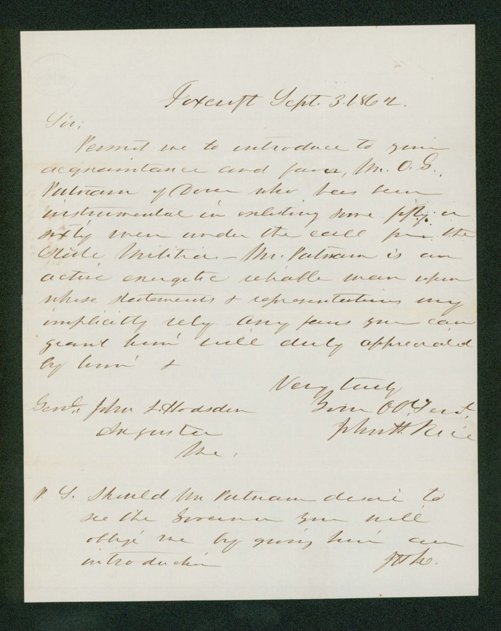 Miniature of John H. Rice recommends Mr. O. Putnam for a commission