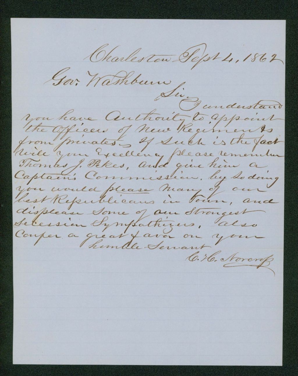 Miniature of C.H. Norcross requests a captain's commission for Thomas Pekes to please town Republicans
