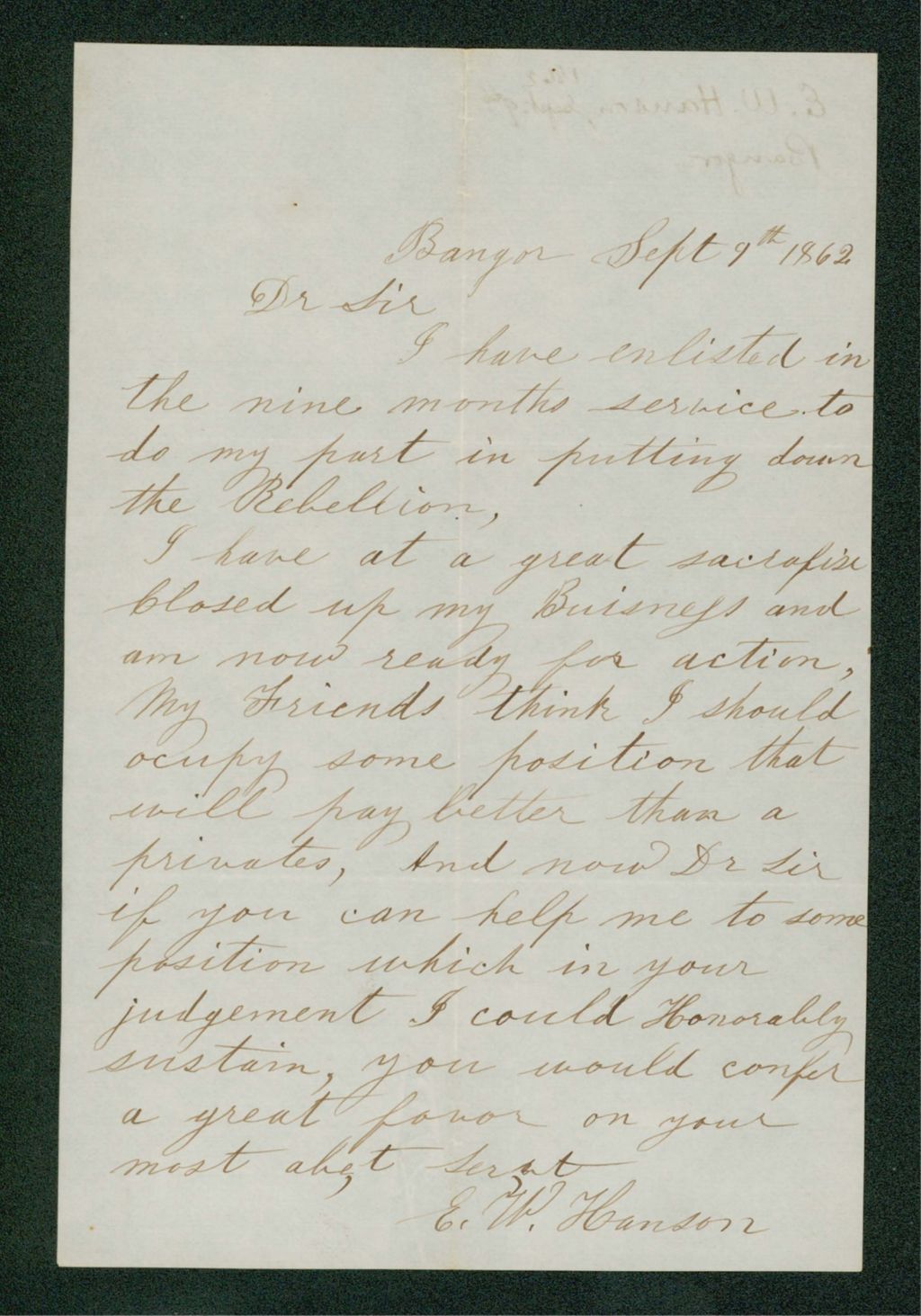Miniature of E.W. Hanson requests a commission