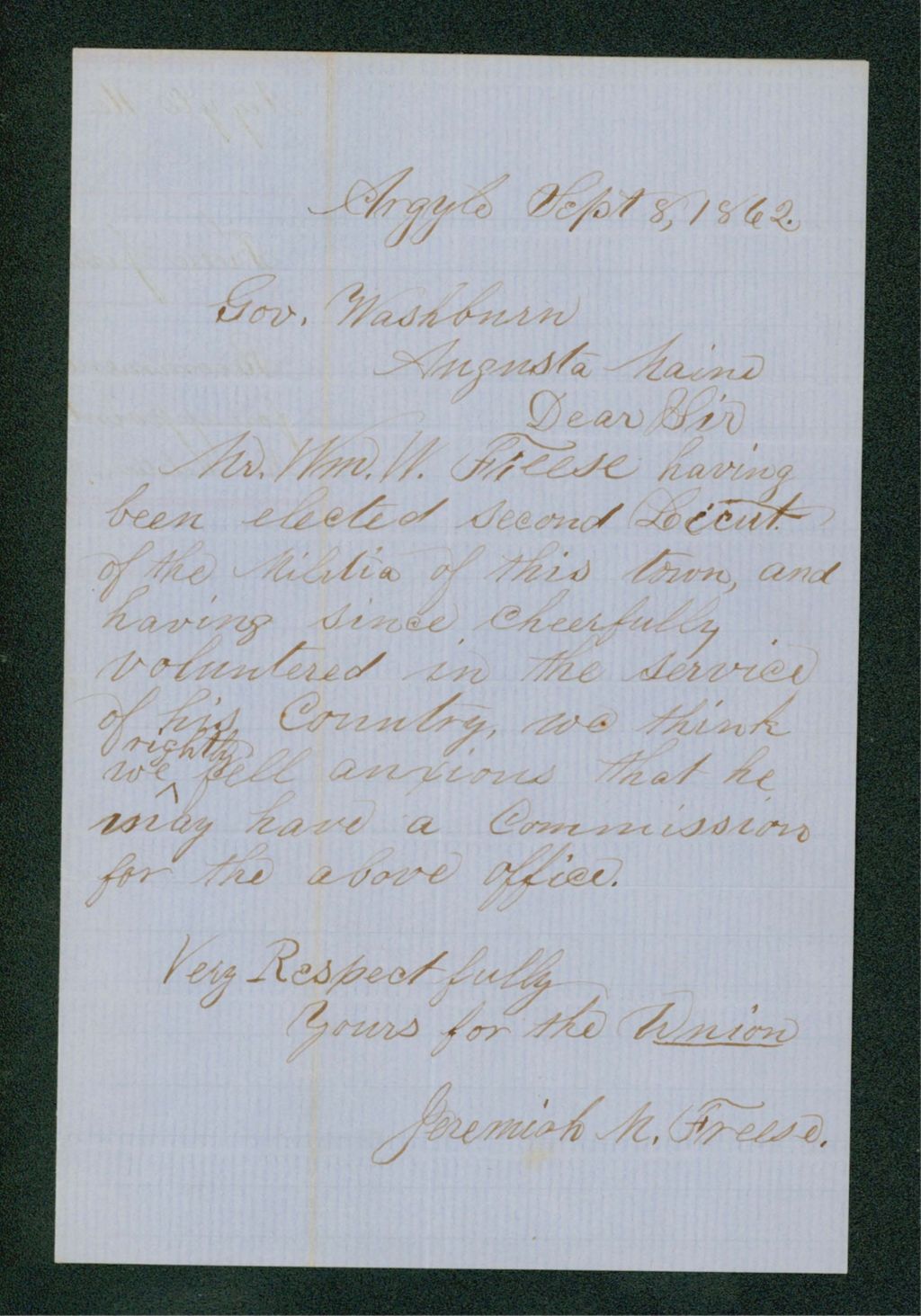 Miniature of Jeremiah Freese recommends William W. Freese for appointment as lieutenant