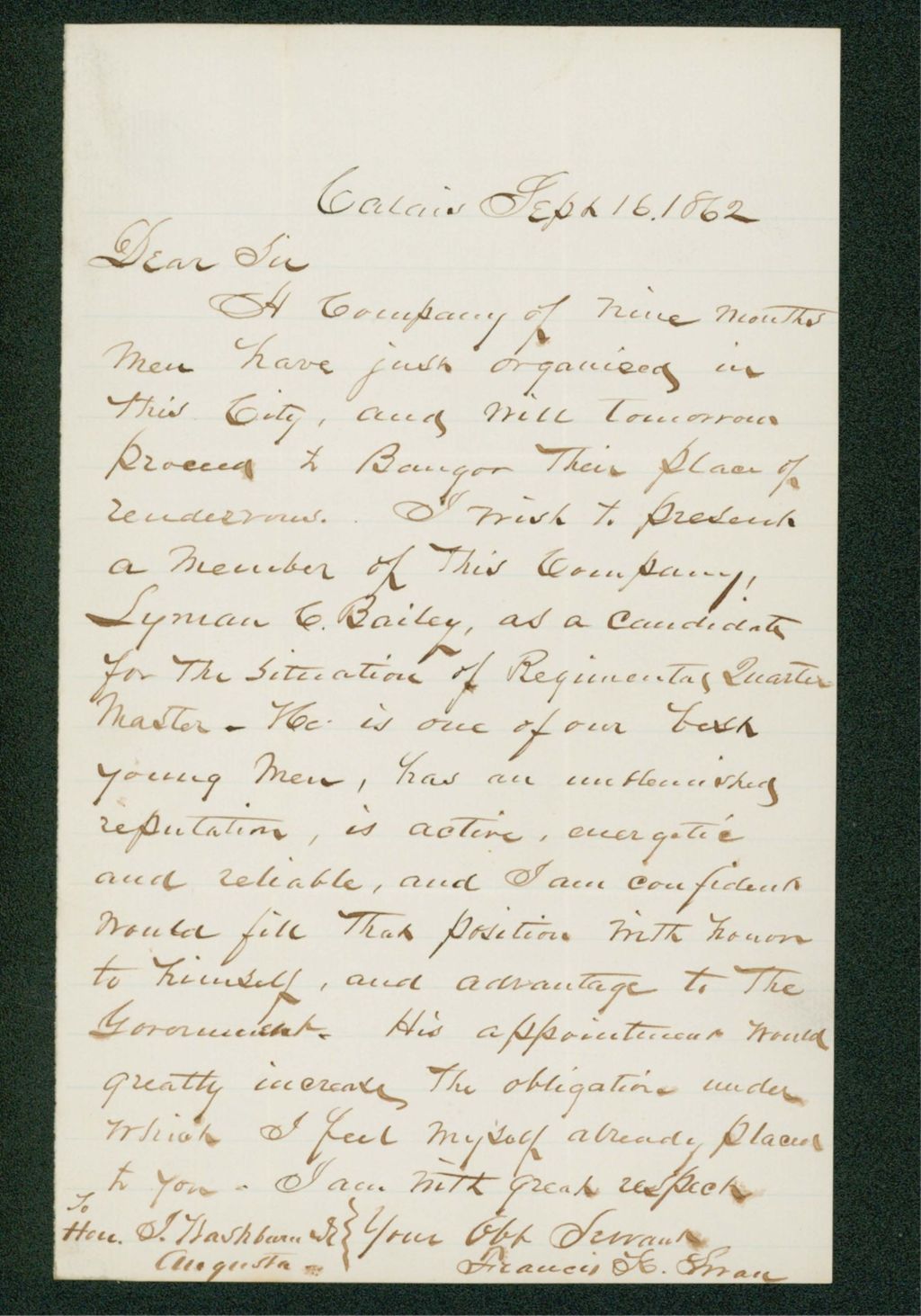 Miniature of Francis Swan recommends Lyman G. Bailey for Quartermaster