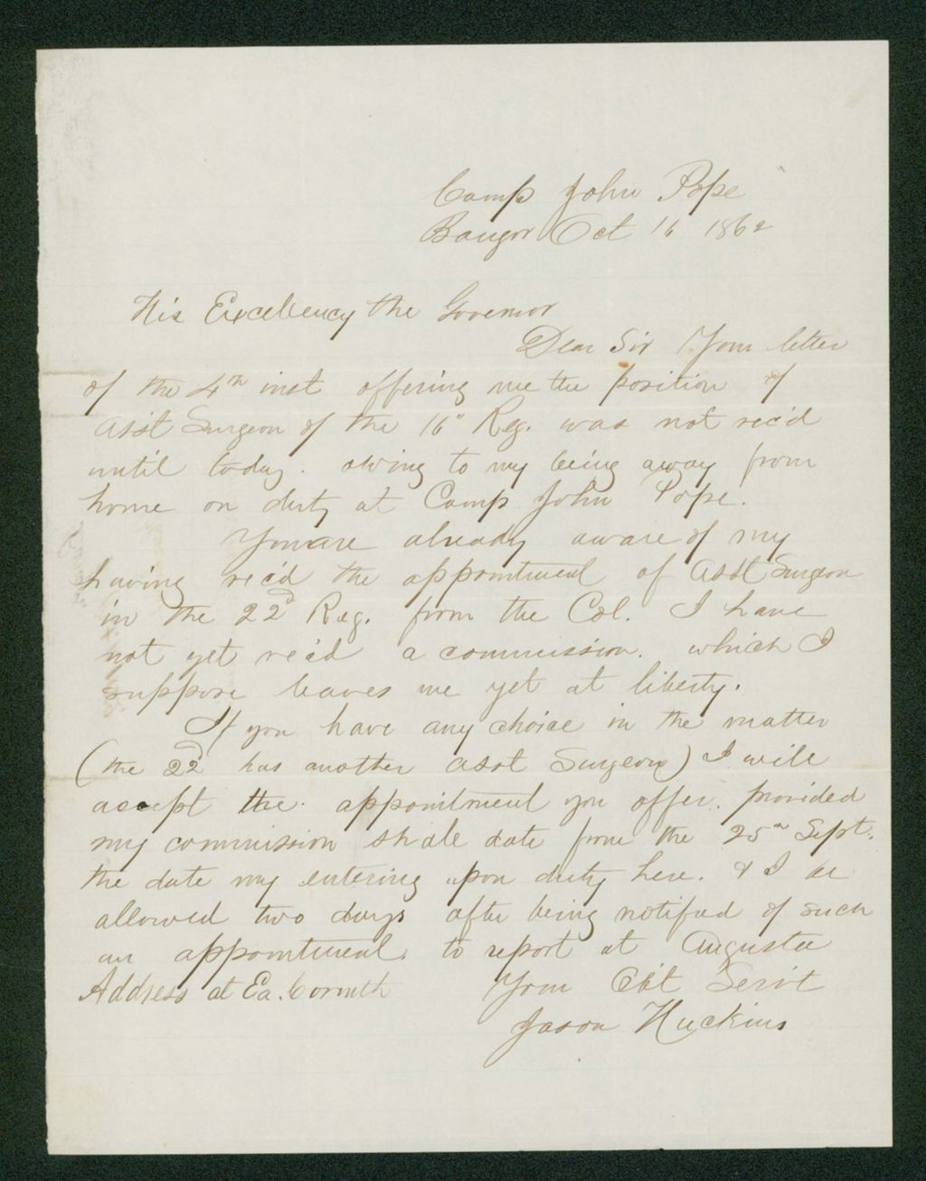 Miniature of Jason Huckins writes regarding the offer of surgeon of the 16th Regiment