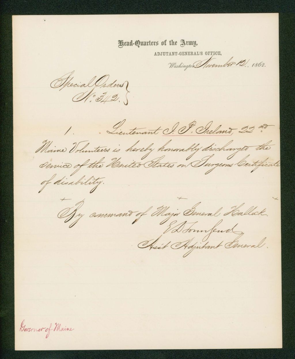 Miniature of Special Order 342 honorably discharging Lieutenant I. Ireland for disability