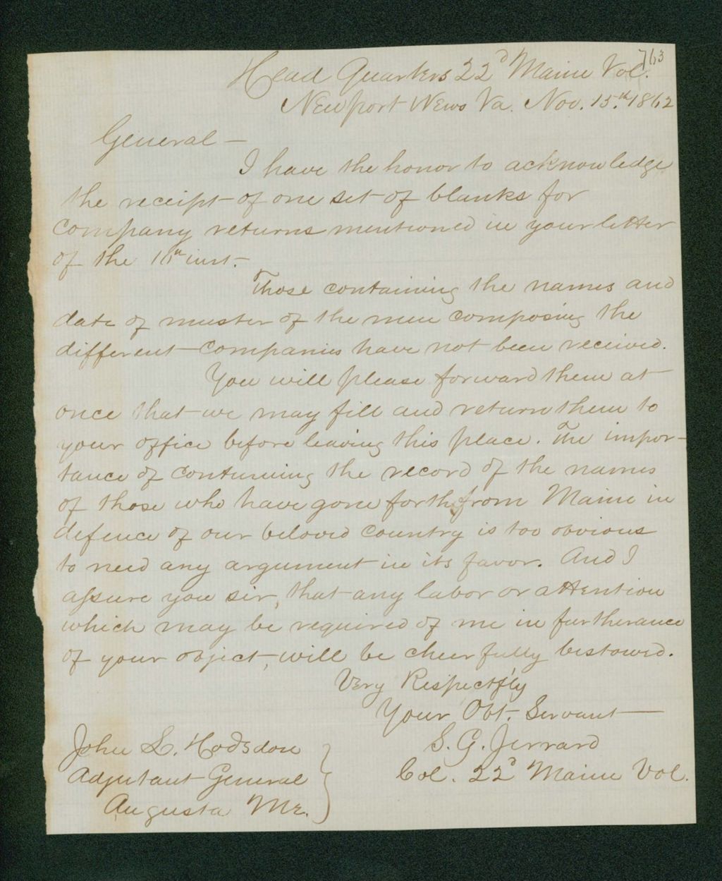 Miniature of Colonel Jerrard acknowledges receipt of blank returns