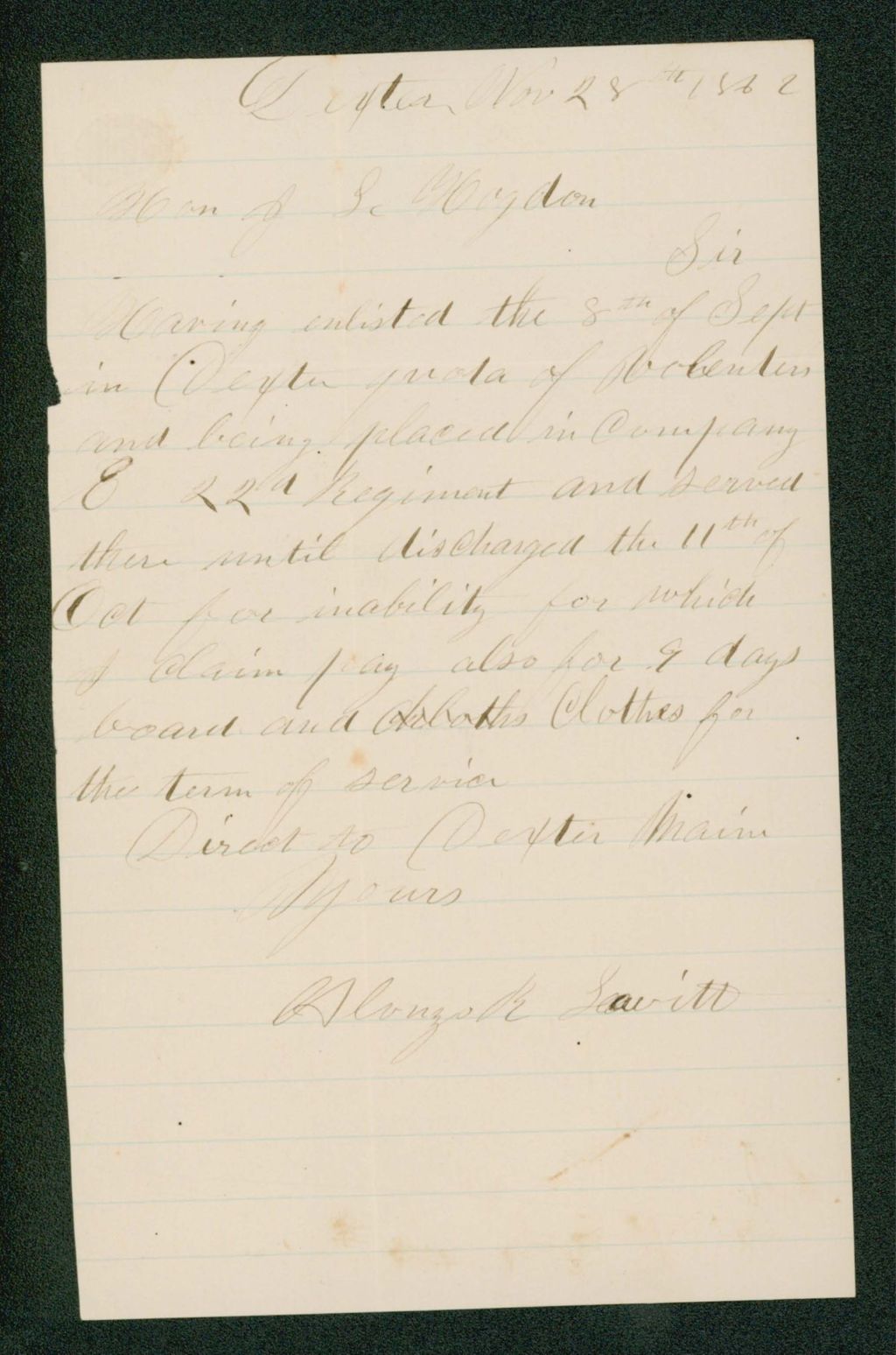 Miniature of Alonzo Leavitt requests pay for his service