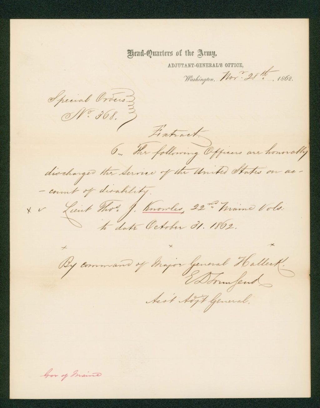 Miniature of Special Order 368 honorably discharging Thomas Knowles for disability