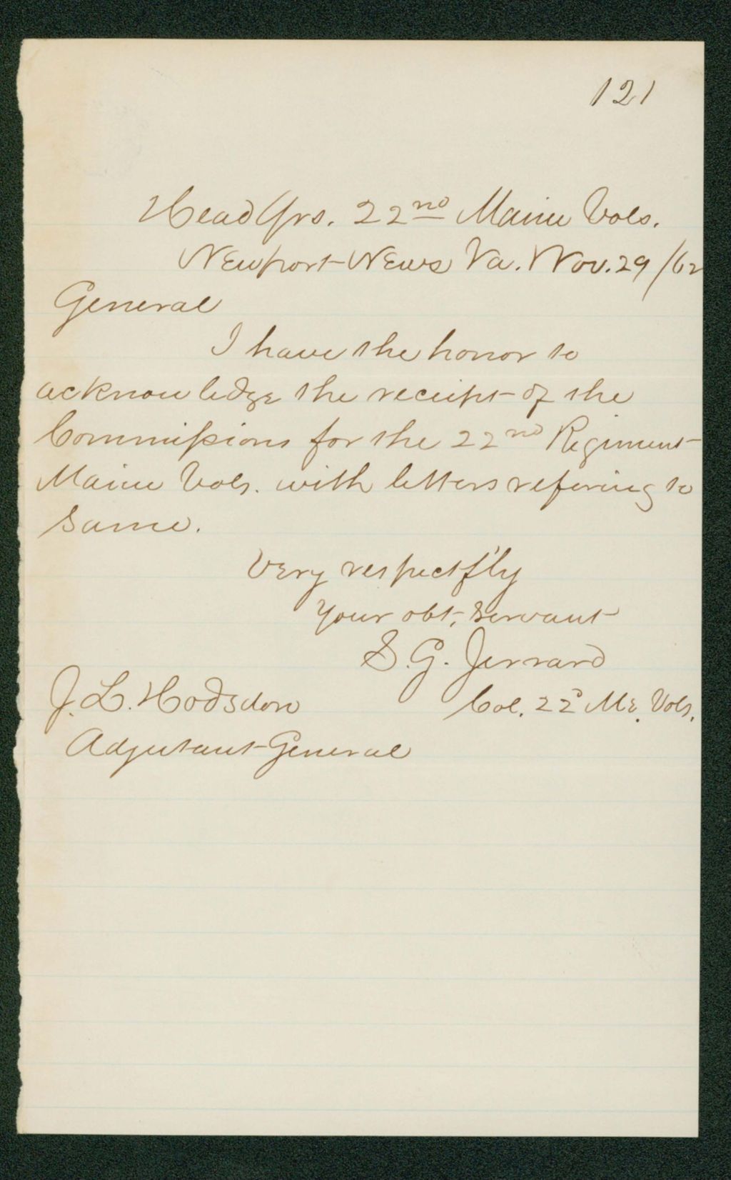 Miniature of Colonel Jerrard acknowledges receipt of commissions