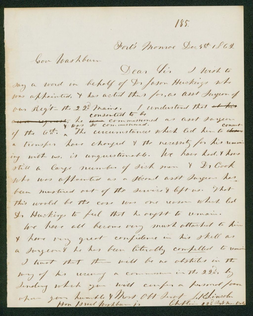 Miniature of Chaplain Lincoln requests that Dr. Jason Huckins be allowed to remain regimental surgeon