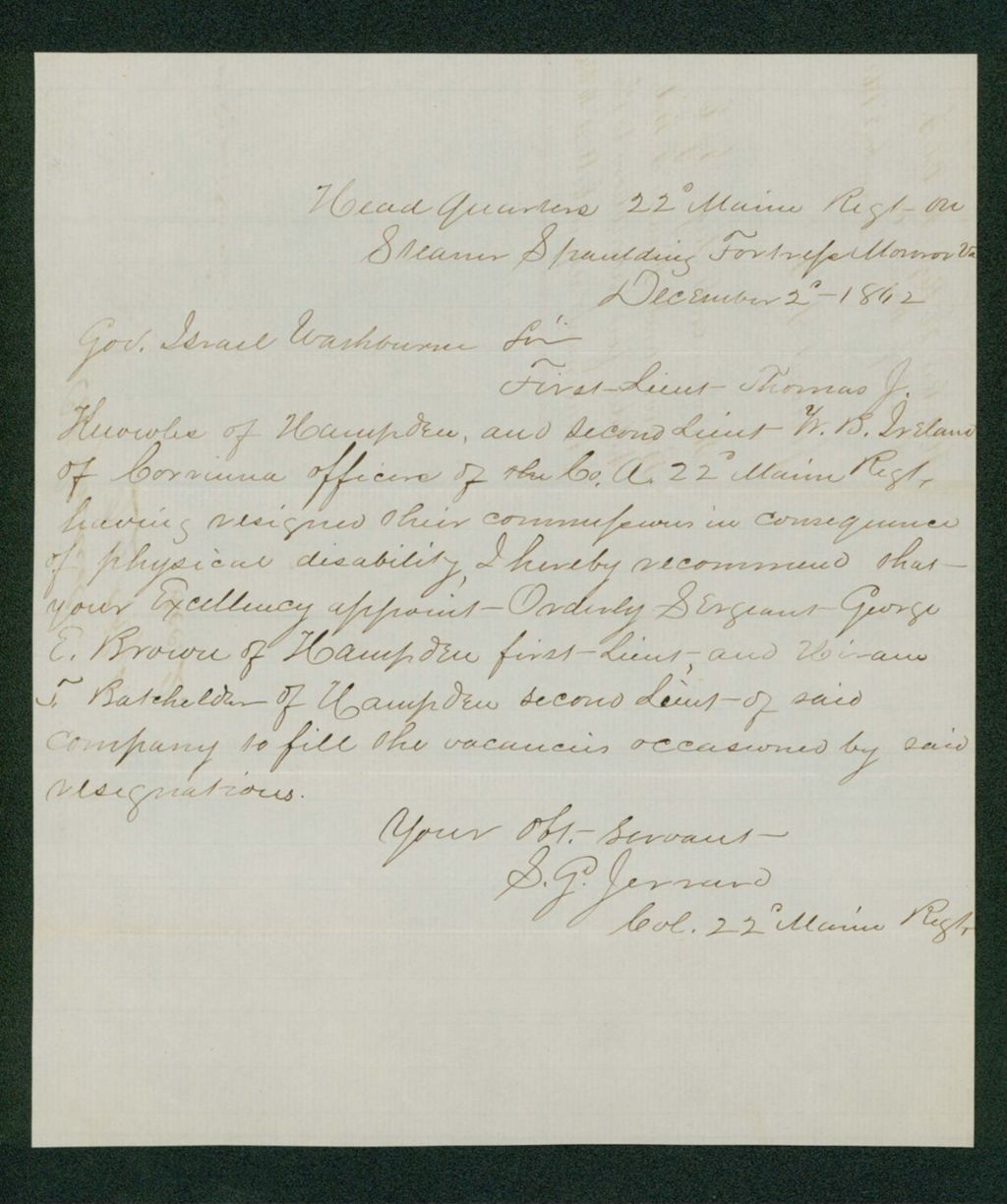 Miniature of Colonel Jerrard recommends promotions of George E. Brown and Hiram Batchelder