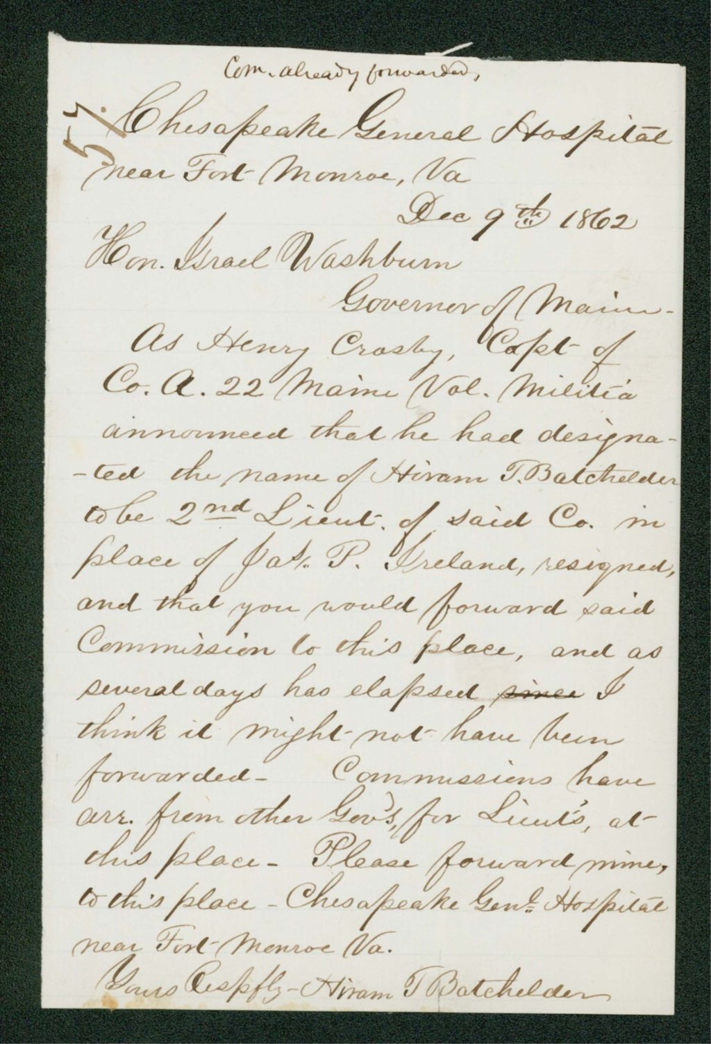Miniature of Hiram Batchelder requests his commission as 2nd Lieutenant