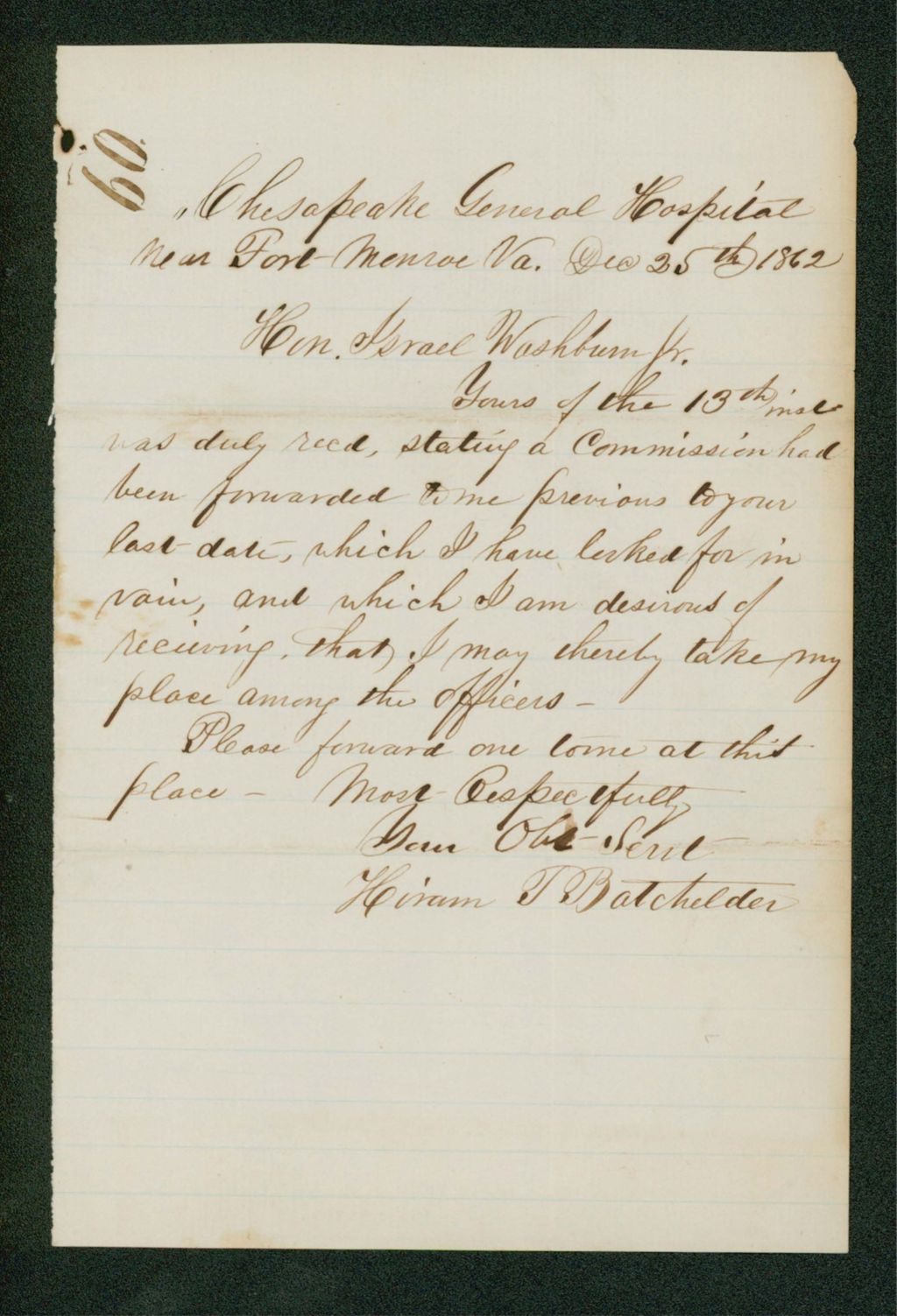 Miniature of Hiram Batchelder again requests his commission
