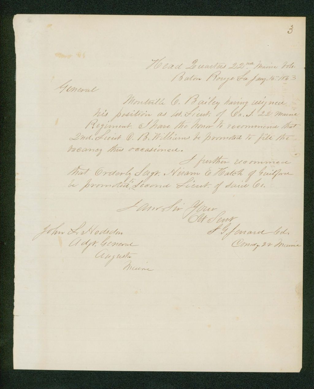 Miniature of Colonel Jerrard recommends promotion of O.B. Williams and Hiram Hatch