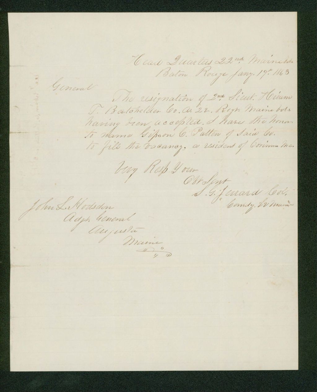 Miniature of Colonel Jerrard recommends Gipson Patten for promotion due to resignation of Hiram Batchelder