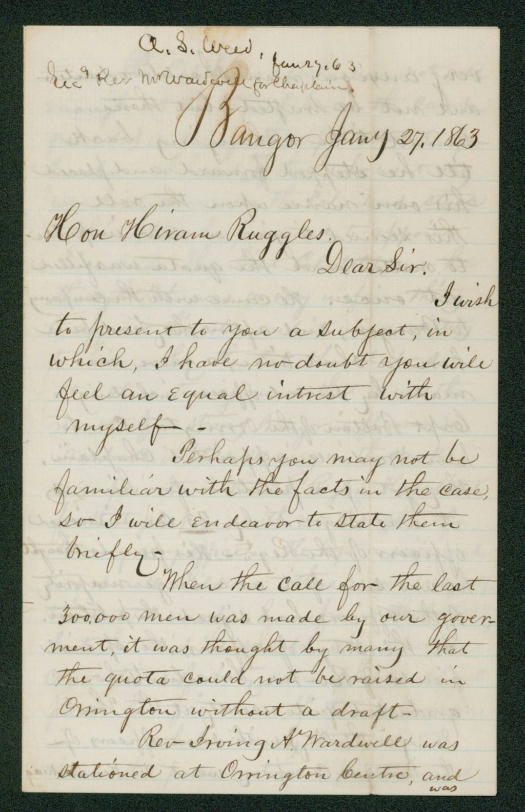 Miniature of A.S. Weed recommends Reverend Wardwell for chaplain